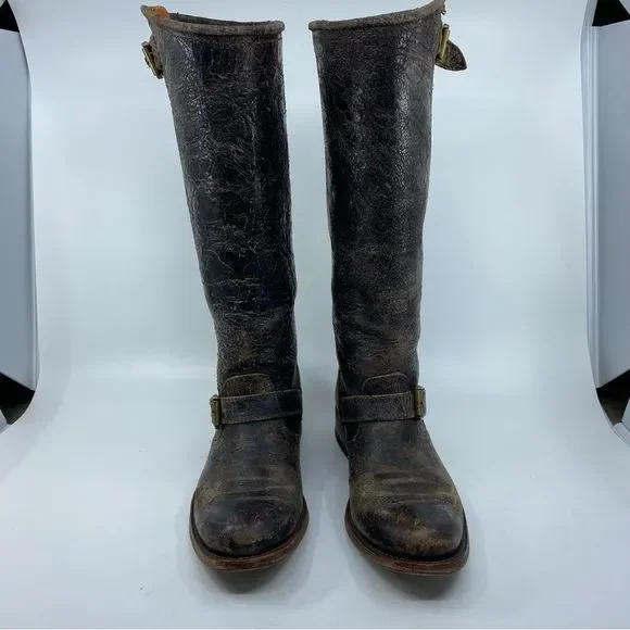Frye Veronica  Leather Boots Color Brown Fashion Cracked Shiny Finish SZ 6 - Picture 2 of 15